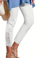 White Tights Lace Stitching Hollow-out Cropped Trousers For Women - White