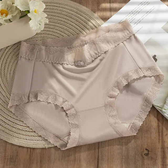 Mulberry Silk Crotch Mid Waist Traceless Triangle Lace Panties Milky Tea Coffee Color - Shop at LoveMi