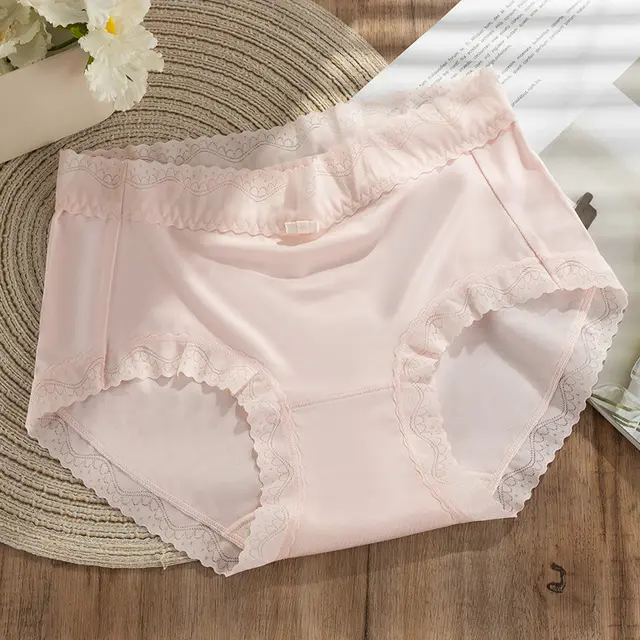 Mulberry Silk Crotch Mid Waist Traceless Triangle Lace Panties Peach Pink - Shop at LoveMi