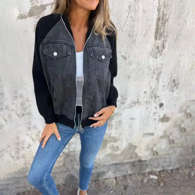 Denim Stitching Jacket Casual Fashion Raglan Sleeve Coat Black - Shop at LoveMi