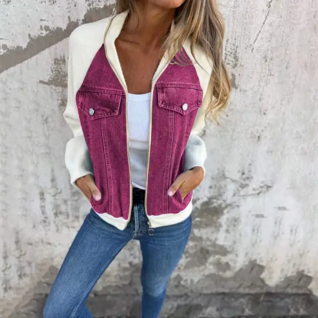 Denim Stitching Jacket Casual Fashion Raglan Sleeve Coat Light Purple - Shop at LoveMi
