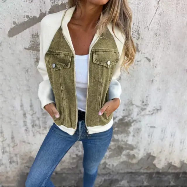 Denim Stitching Jacket Casual Fashion Raglan Sleeve Coat Olive - Shop at LoveMi