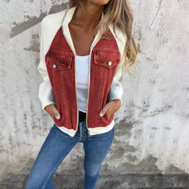 Denim Stitching Jacket Casual Fashion Raglan Sleeve Coat Red - Shop at LoveMi
