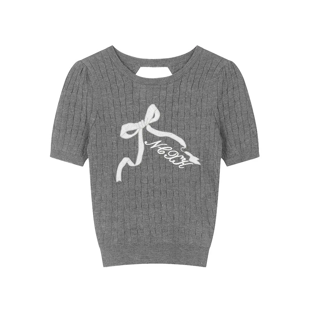 Women's Bow Embroidered Short sleeved Sweater Back Hollow out Short Top Gray - Shop at LoveMi