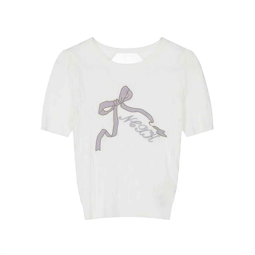 Women's Bow Embroidered Short sleeved Sweater Back Hollow out Short Top White - Shop at LoveMi