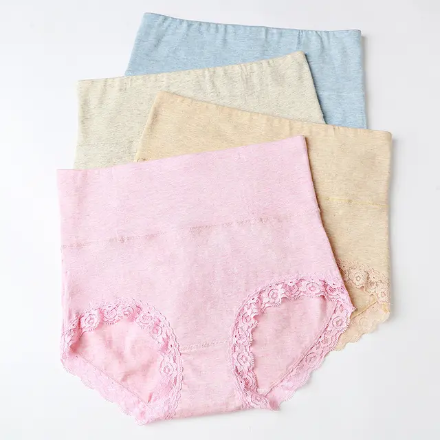 Solid Color Lace Trim Pure Cotton High Waist Briefs Random Color - Shop at LoveMi