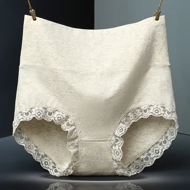 Solid Color Lace Trim Pure Cotton High Waist Briefs White And Gray - Shop at LoveMi