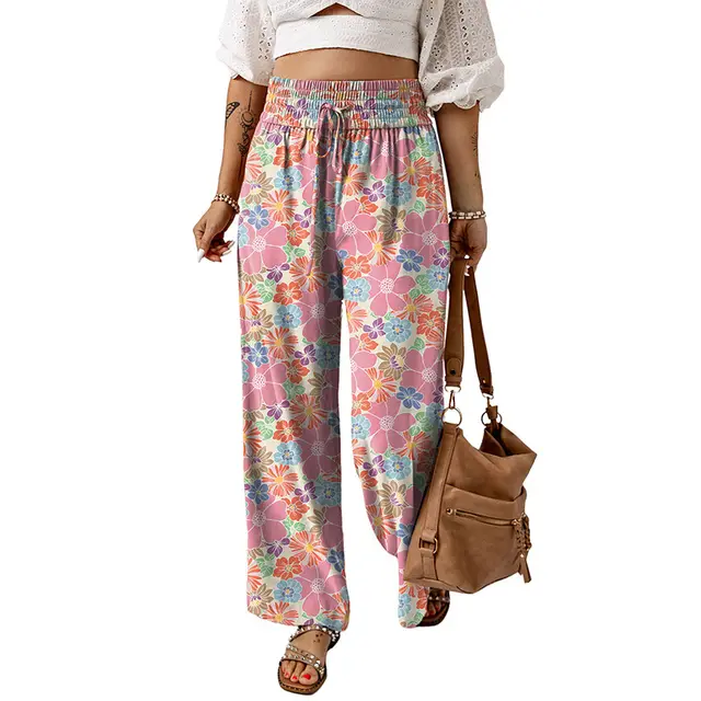 Women's Casual Loose Elastic Floral Print High Waist Wide Leg Pants Pink - Shop at LoveMi