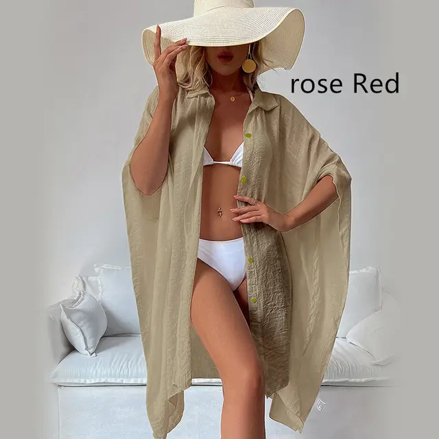 Vacation Sun Protection Coat Loose Breathable Shirt Rose Red - Shop at LoveMi