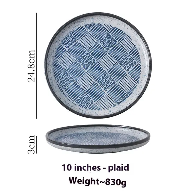 Household Ceramic Round Japanese Style Tableware Hand Color Large Size Plate 10 Inch Plaid - Shop at LoveMi