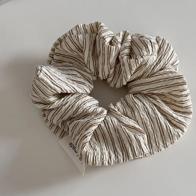 Casual Sports Style Striped Bubble Large Intestine Retro Hair Ring Hair Rope Khaki Stripe - Shop at LoveMi