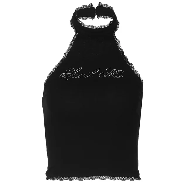 Lace Lace Vest Sling Rhinestone Letter Spring Slim fitting Women's Sexy Midriff baring Top Black - Shop at LoveMi