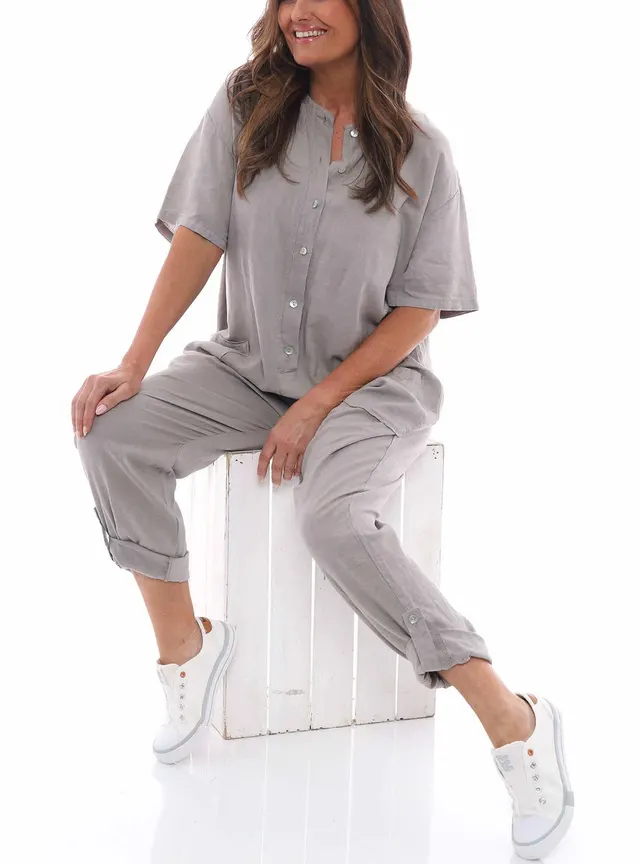 Round Neck Button Mid Waist Pocket Jumpsuit Light Gray - Shop at LoveMi