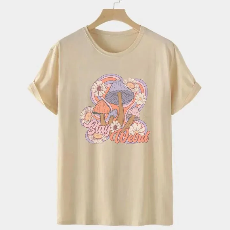 Spring Printed Mushroom Pattern Round Neck Top Short Sleeve - Khaki