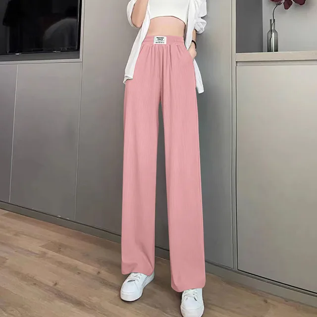 Women's SpringSummer High Waist Drooping Ice Silk Thin Pants Pink - Shop at LoveMi