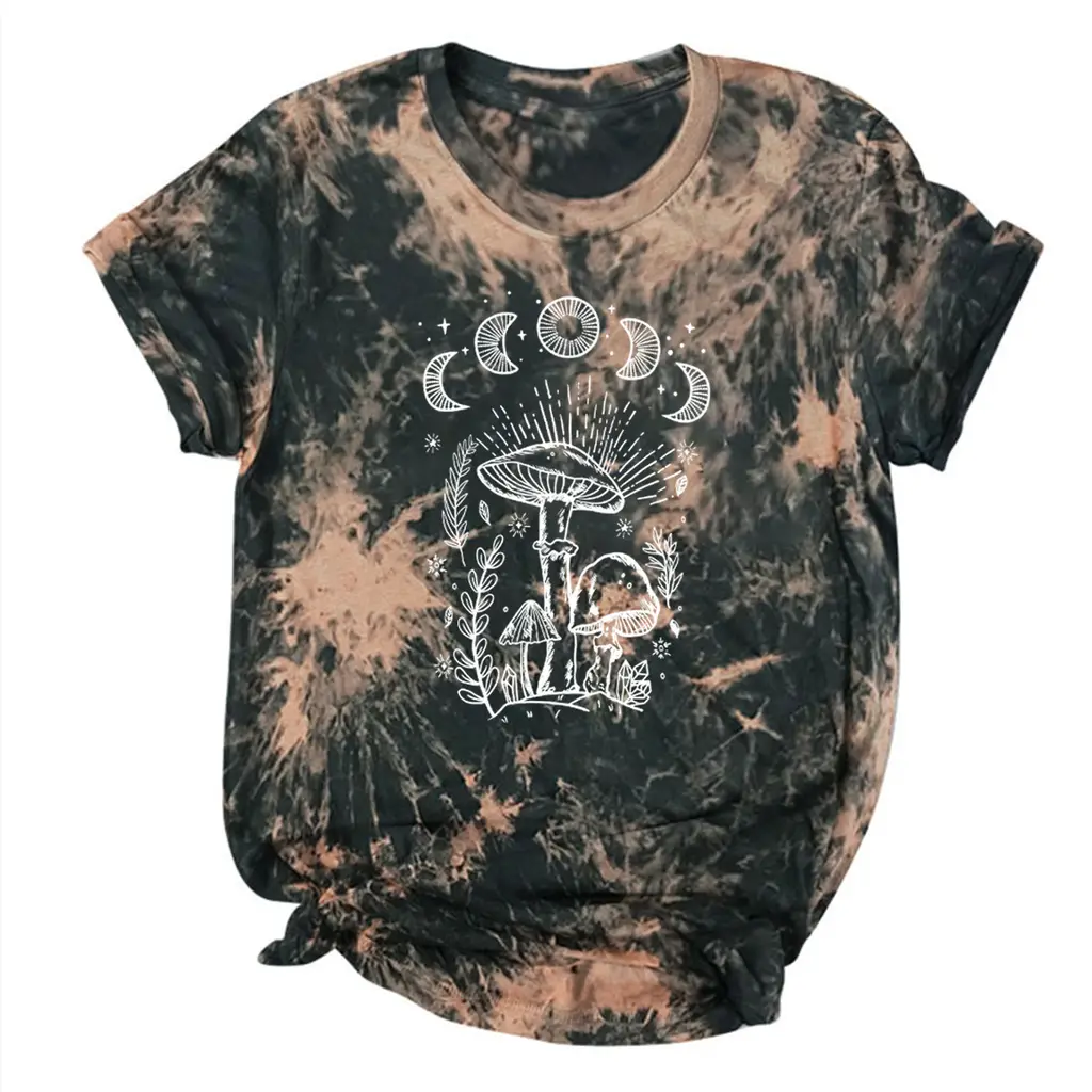 Tie-dyed T-shirt Female Star Sun Moon Mushroom Print Short Sleeve - Black And Red