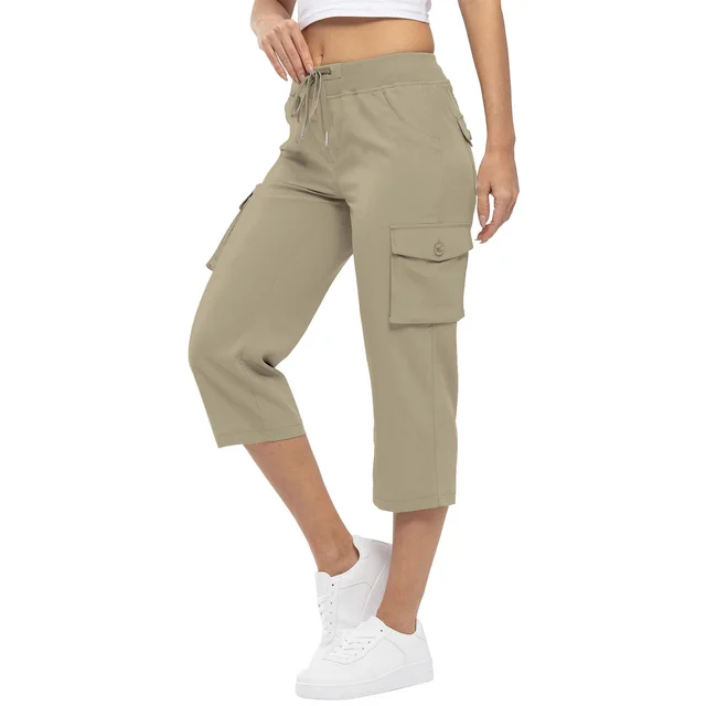 Women's High Waist Drawstring Pocket Loose Pants Khaki - Shop at LoveMi