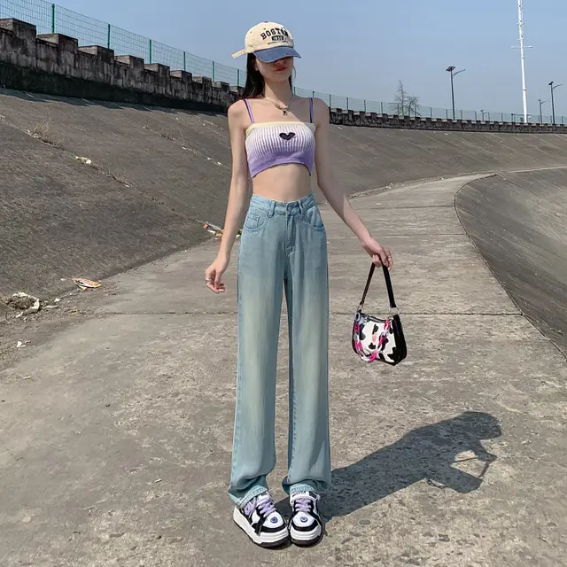 Wide leg Jeans Women's High Waist Slimming Draping Thin Loose Ice Silk Straight Retro Trousers - Shop at LoveMi