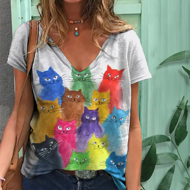 Europe And America Cross Border 3D Printed T shirt Loose V neck Pullover Short Sleeve Top For Women Jl22081515 - Shop at LoveMi