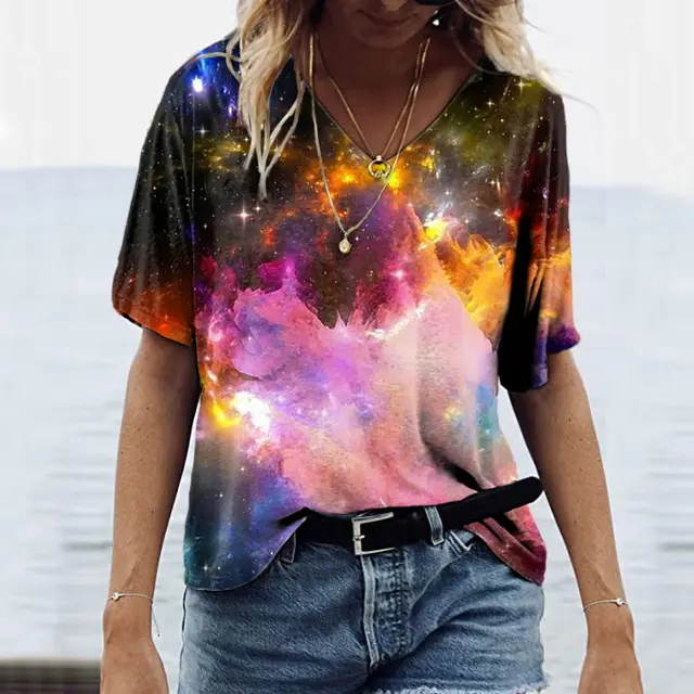 Europe And America Cross Border 3D Printed T shirt Loose V neck Pullover Short Sleeve Top For Women Jl22081516 - Shop at LoveMi