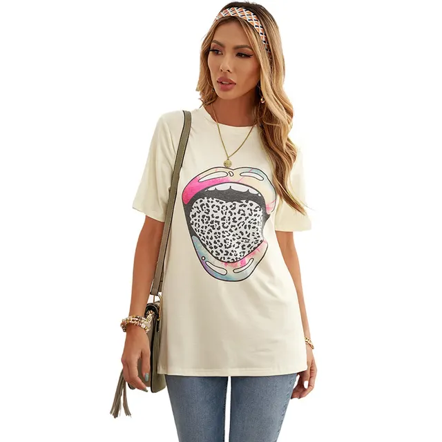 Shiying Cross border Tie dyed T shirt Simple Style New Loose Letter Print Short sleeve Top Beige - Shop at LoveMi
