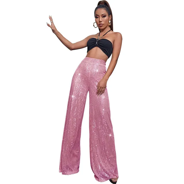 High Waist Casual Pants Sequins Loose fitting Drape Pink Gold - Shop at LoveMi