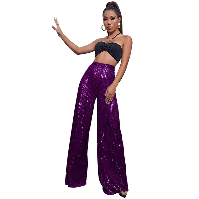 High Waist Casual Pants Sequins Loose fitting Drape Purple - Shop at LoveMi