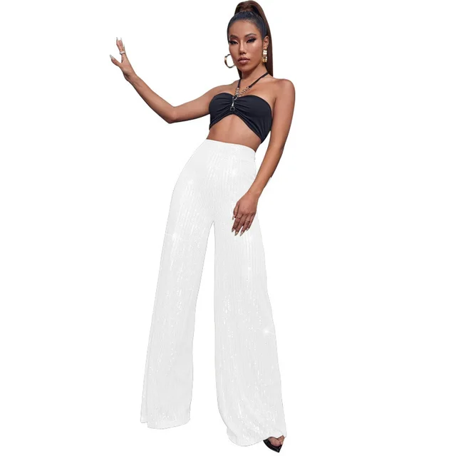 High Waist Casual Pants Sequins Loose fitting Drape White - Shop at LoveMi