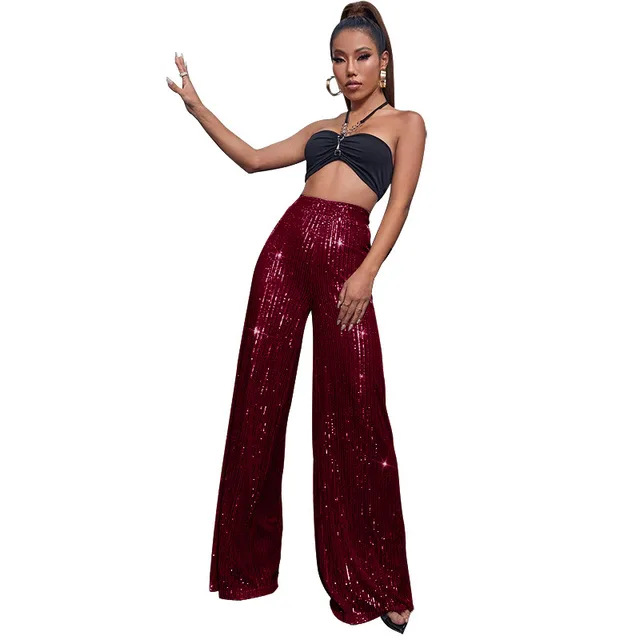 High Waist Casual Pants Sequins Loose fitting Drape Wine Red - Shop at LoveMi