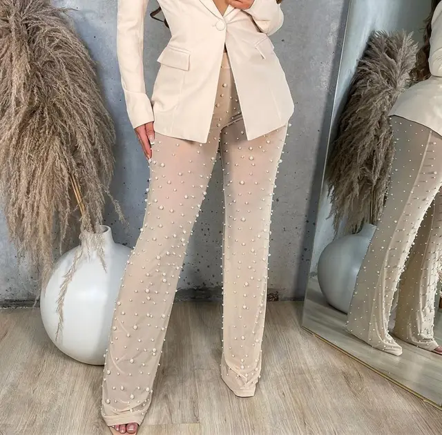Women's Mesh Decoration Wide Leg Beaded Trousers Apricot - Shop at LoveMi