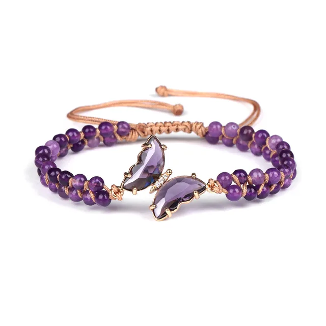 Light Luxury Double layer Woven Bracelet Natural Stone Beads Butterfly Pendant Girlfriends Pull Handle Amethyst - Shop at LoveMi