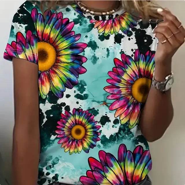 Round Neck Women's Cotton like Short sleeved Tie dye T shirt Flowers - Shop at LoveMi
