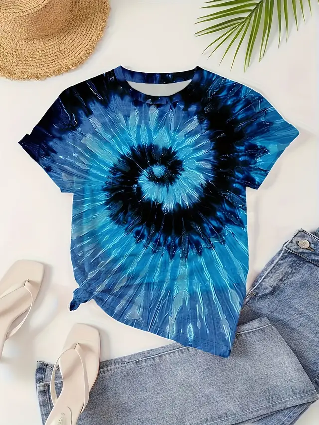 Tie dyed Printed Round Neck Short Sleeve Personalized Ladies Blue - Shop at LoveMi