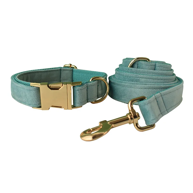 Lake Green Flannel Gold Buckle Dog Collar Double Layer - Dog Collar Rope Set