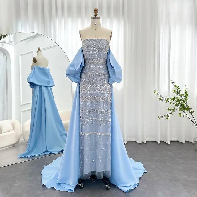 Foreign Trade Tube Top Heavy Industry Beads Off shoulder Satin Trailing Evening Dress Blue - Shop at LoveMi