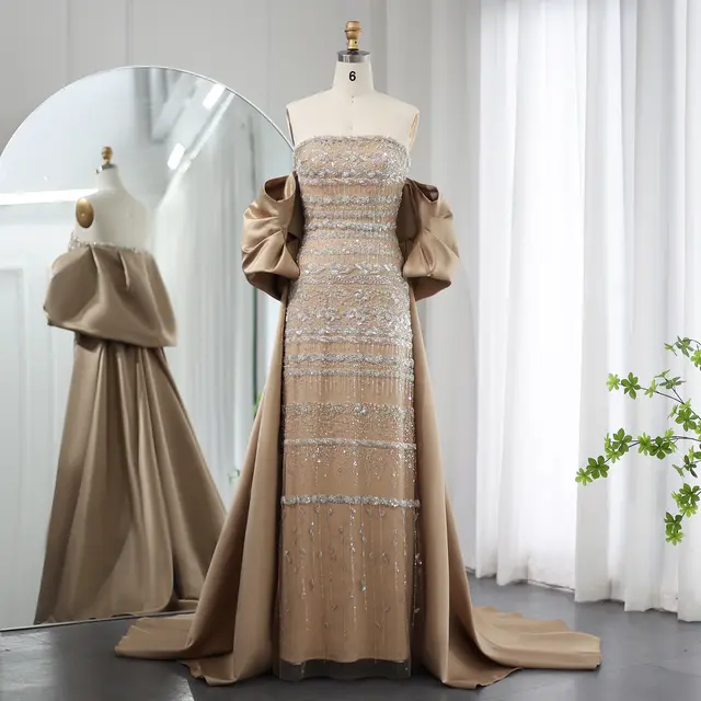 Foreign Trade Tube Top Heavy Industry Beads Off shoulder Satin Trailing Evening Dress Champagne - Shop at LoveMi