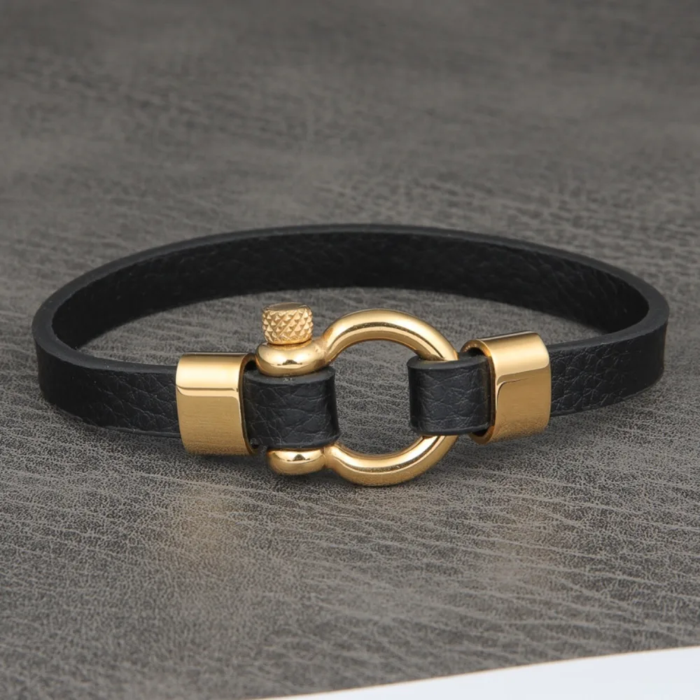 Leather Bracelet U-shaped Lock Simple Men's Retro Stainless Steel - Golden 19Cm