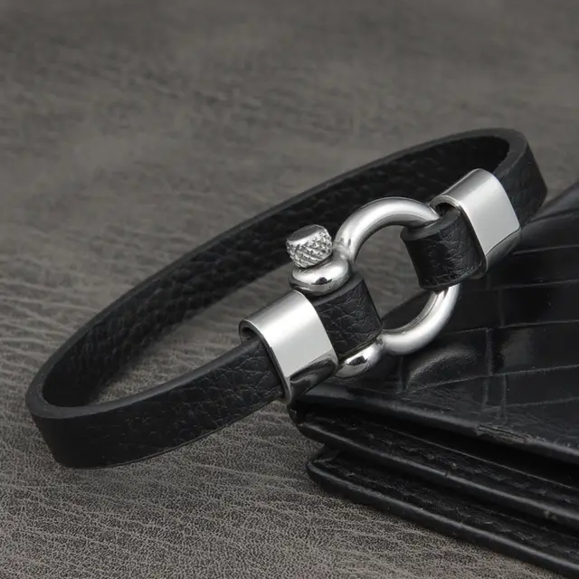Leather Bracelet U shaped Lock Simple Men's Retro Stainless Steel Steel Color 22Cm - Shop at LoveMi