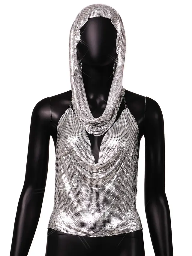 Back Slit Metal Sequins Top Scarf Two piece Set Silver - Shop at LoveMi