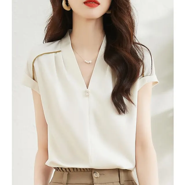 Women's V neck Short sleeved White Shirt Beige - Shop at LoveMi