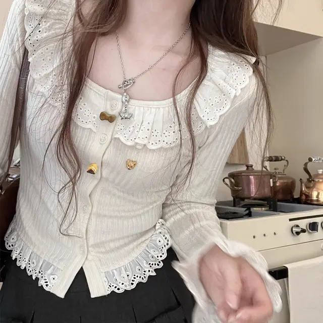 Autumn Outerwear Slim Fit Ruffled Patchwork Knitting Long sleeved Top Apricot - Shop at LoveMi