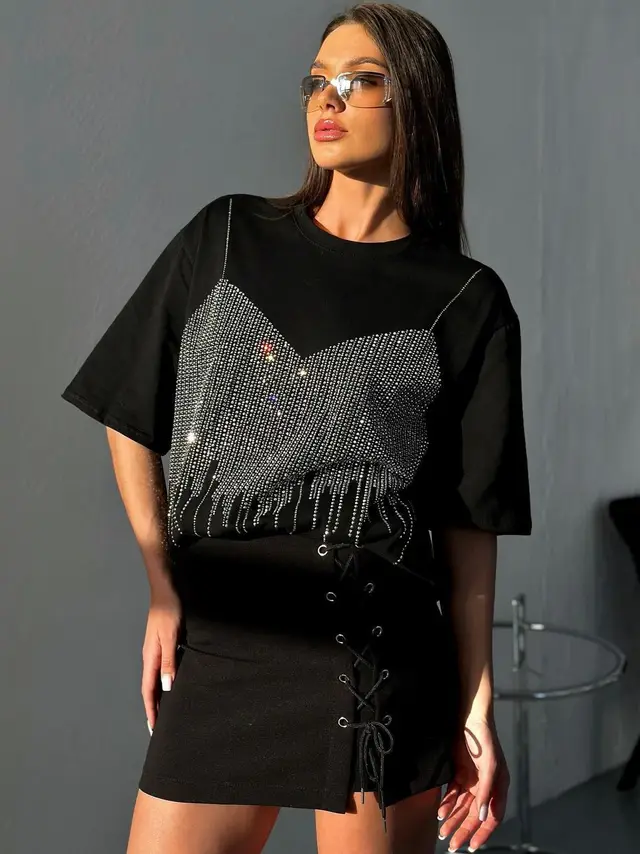 Rhinestone Short Sleeve Women's T shirt Loose Niche Black - Shop at LoveMi