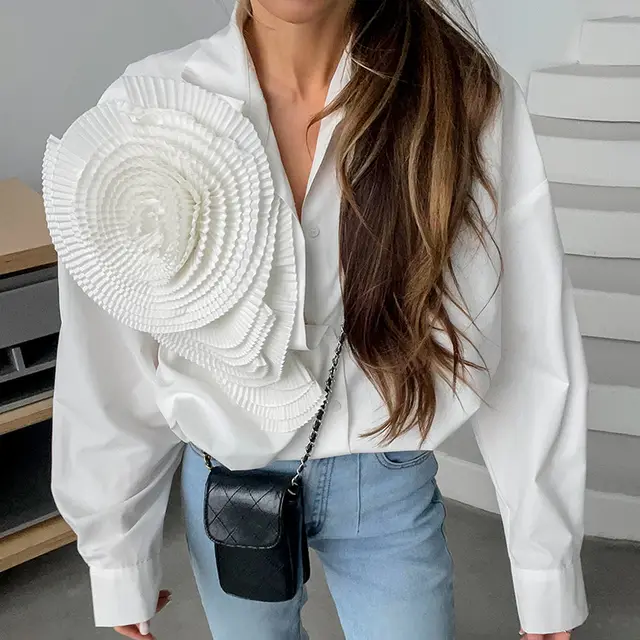 Lapel Design Mosaic Flower Women's Shirt White - Shop at LoveMi