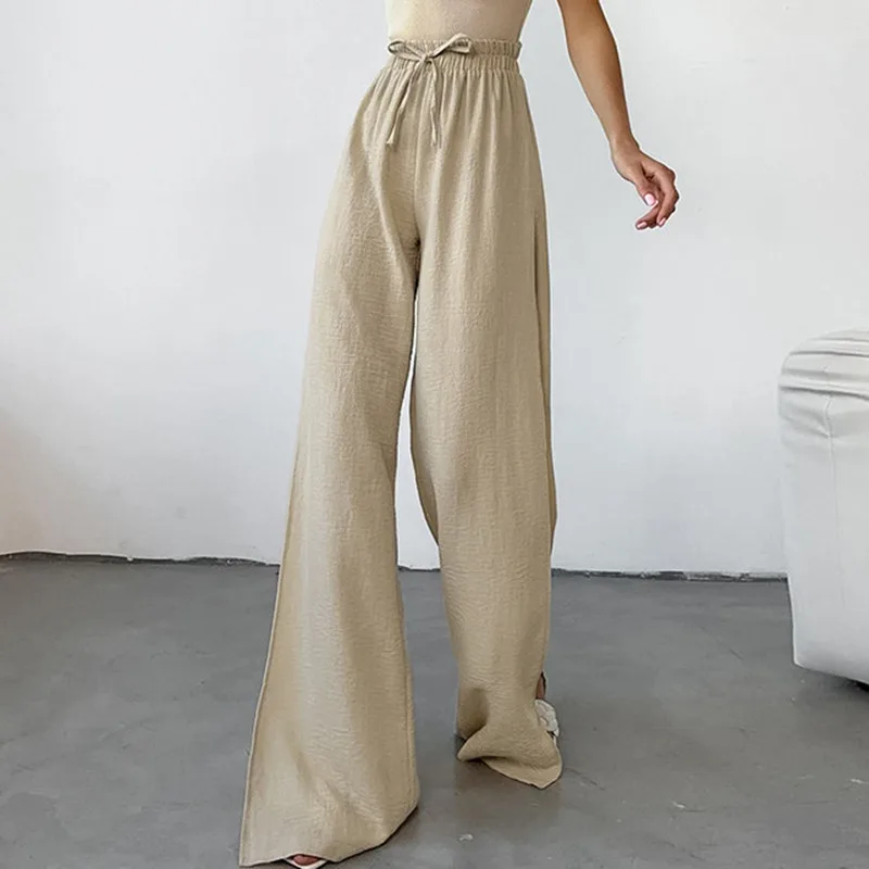 Khaki Bubble Crepe Split Wide-leg Pants - Khaki