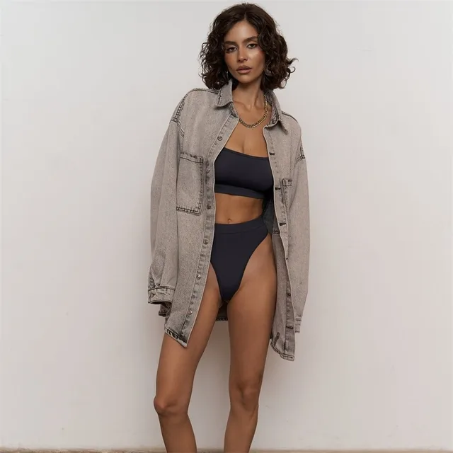 Denim Shirt Female Street Fashion Letters Ls3117 Gray - Shop at LoveMi