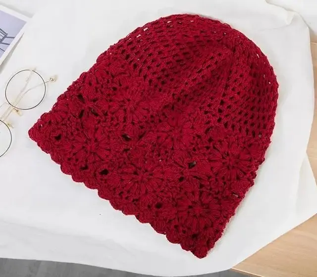 Handmade Crochet Baotou Hollow Wool Sweet Art Knitted Thin Section Pile Heap Cap Wine Red - Shop at LoveMi