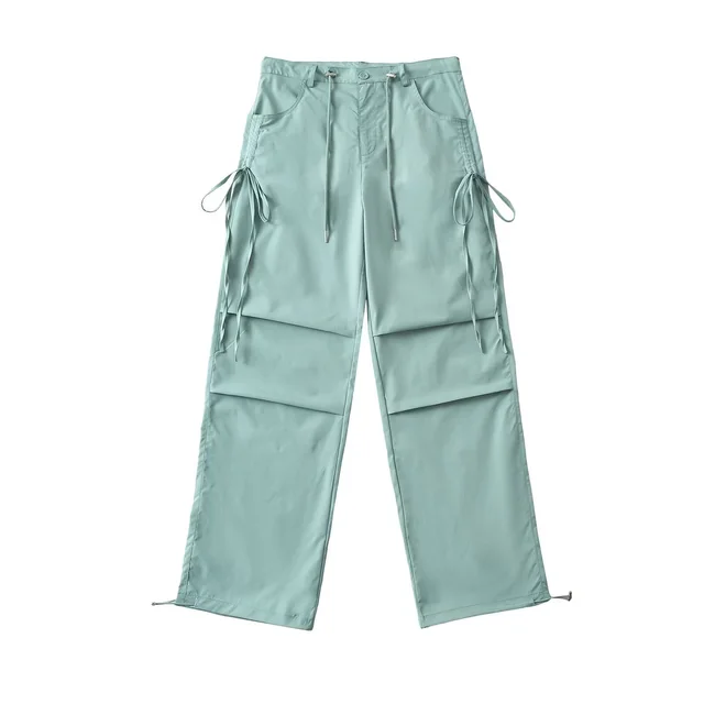 Women's American Side Drawstring Pleated Workwear Pants Fruit Green Ry24108 - Shop at LoveMi