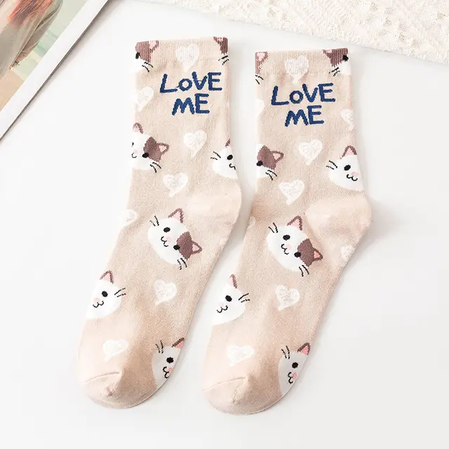Preppy Style Cotton Letter Animal Trendy Socks Khaki Navy Blue Letters Cat - Shop at LoveMi