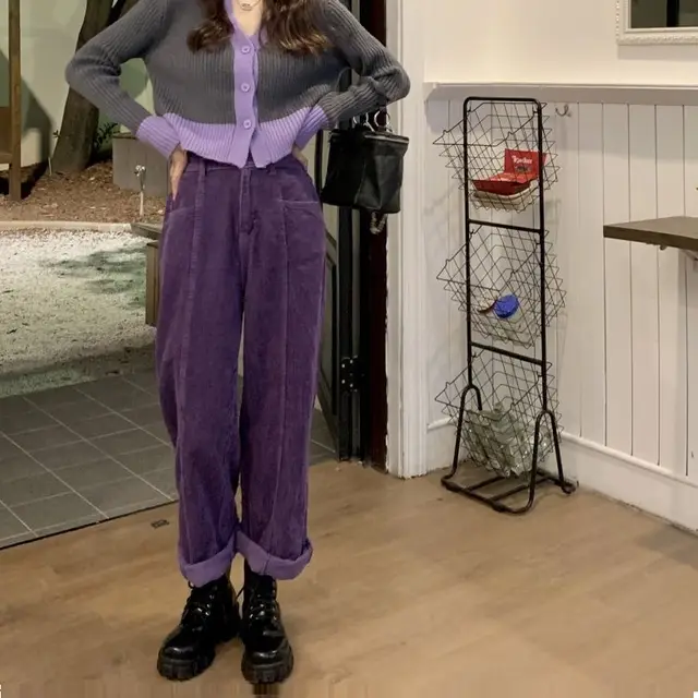 High Waist Slimming And Velvet Padded Straight Purple Corduroy Wide leg Pants Purple Thin - Shop at LoveMi