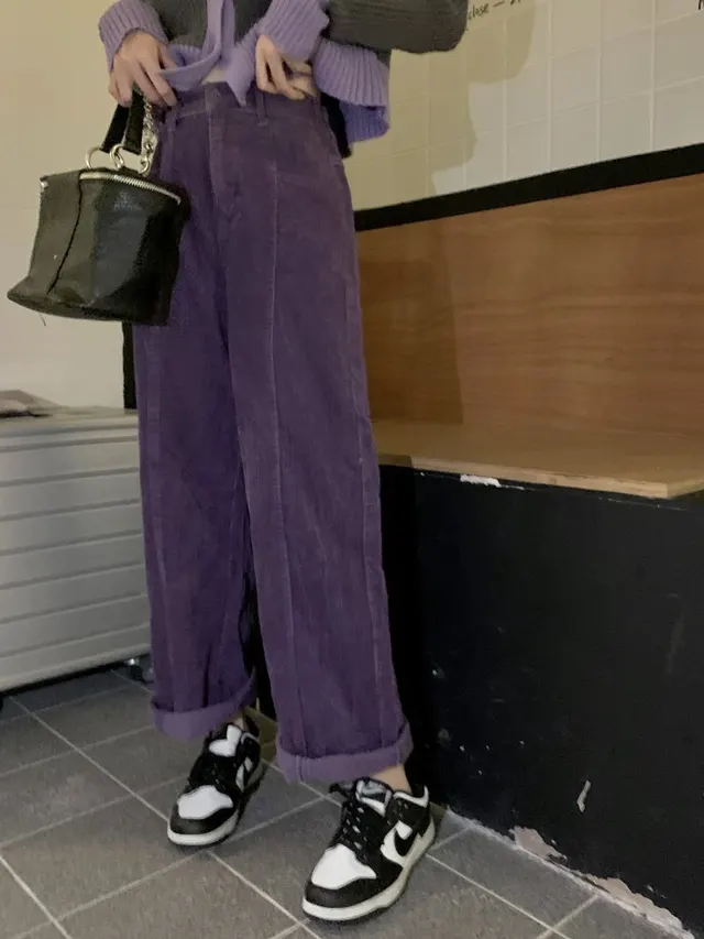 High Waist Slimming And Velvet Padded Straight Purple Corduroy Wide leg Pants Purple With Velvet Style - Shop at LoveMi